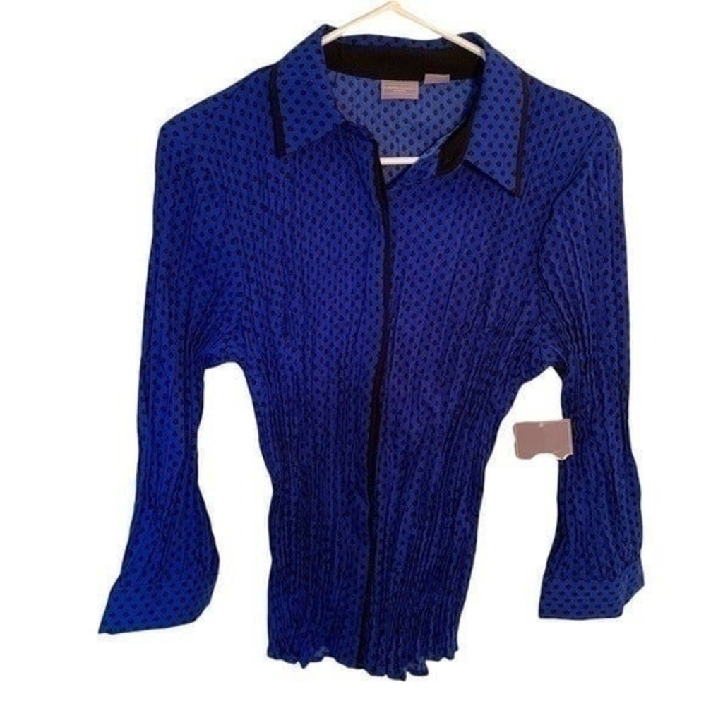 Laura Scott Womens Sz Large Petite Button Down Blouse Blue Black Geometric Silky